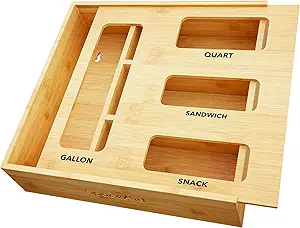 Read more about the article SpaceAid Bag Storage Organizer for Kitchen Drawer, Bamboo Organizer, Compatible with Gallon, Quart, Sandwich and Snack Variety Size Bag (1 Box 4 Slots)